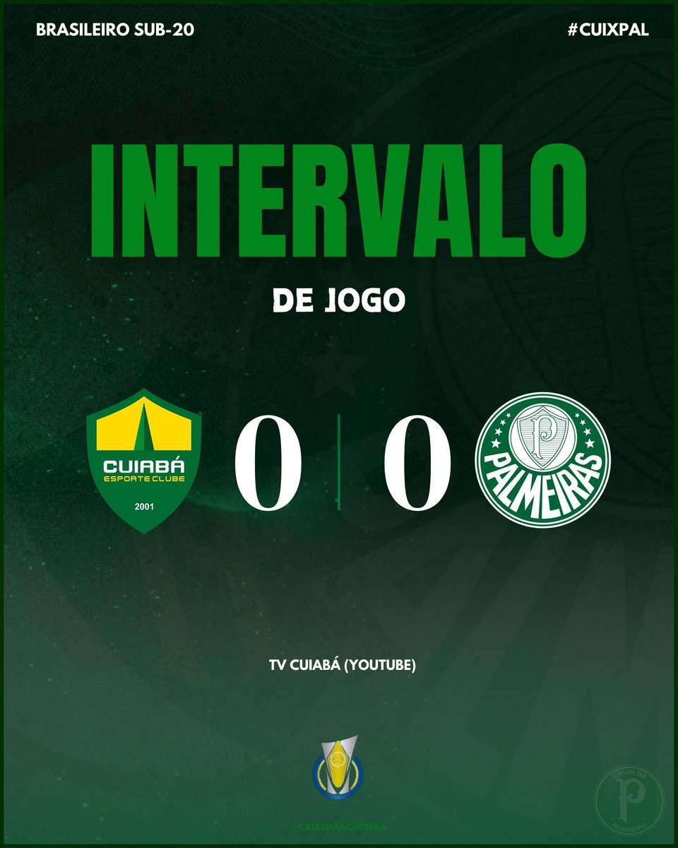 CriasDaAcademia's tweet photo. Fim de primeiro tempo: Cuiabá 0x0 Palmeiras.
🏆 Brasileiro Sub-20 | 6ª rodada - 1ª fase
#CriasDaAcademia #CUIxPAL https://t.co/AqTOo8A0SE