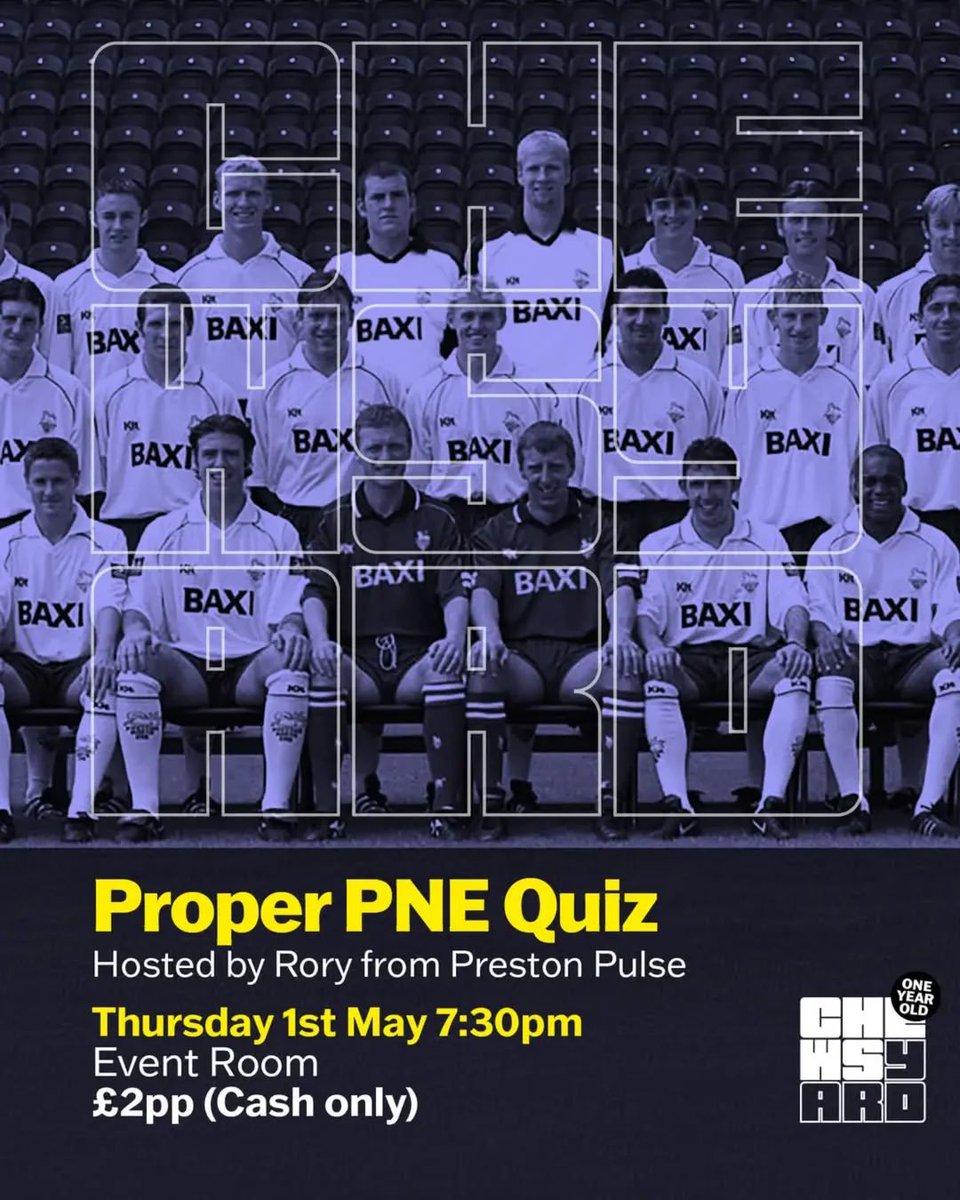 Chew's Yard (@chewsyard) on Twitter photo โช๐ Think you know your PNE history? ๐ง
๐ฏ Take our Proper PNE Quiz and see if youโre top of the league or stuck in pre-season!
Quiz teams 2-6 people.
Secure your quiz table email bookings@chewsyard.info
<a href="/PNEFCPost/">Preston North End Post</a>
<a href="/visitpreston/">Visit Preston</a>
<a href="/pnefc/">Preston North End FC</a>
#pnefc #PNE#pnefc โช๐ Think you know your PNE history? ๐ง
๐ฏ Take our Proper PNE Quiz and see if youโre top of the league or stuck in pre-season!
Quiz teams 2-6 people.
Secure your quiz table email bookings@chewsyard.info
<a href="/PNEFCPost/">Preston North End Post</a>
<a href="/visitpreston/">Visit Preston</a>
<a href="/pnefc/">Preston North End FC</a>
#pnefc #PNE#pnefc