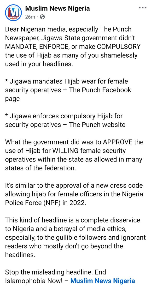 Dear Nigerian media, esp. #ThePunch, Jigawa State govt didn't MANDATE, ENFORCE, or make COMPULSORY the use of #Hijab as many of you shamelessly used in your headlines below. What the govt did was to APPROVE the use of Hijab for WILLING female security operatives in the state. 1/3