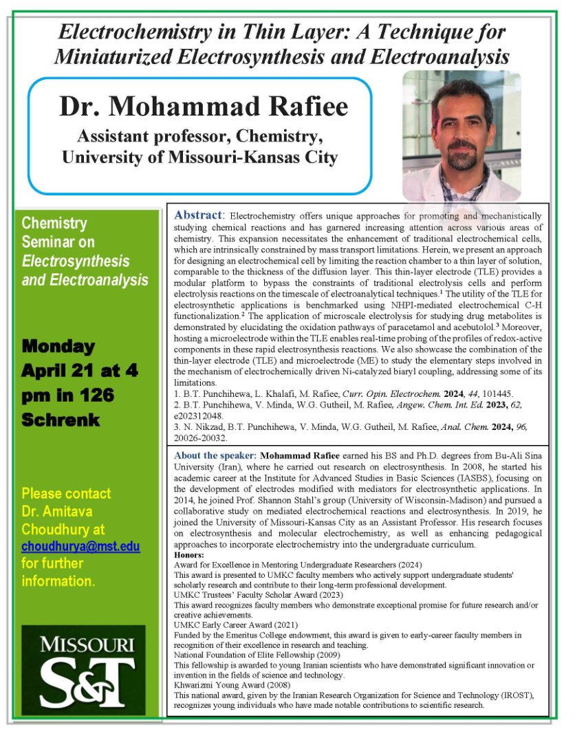 📢 We are pleased to welcome Dr. Rafiee from UMKC as our seminar speaker next Monday. Mark your calendars and join us for an engaging and insightful talk!