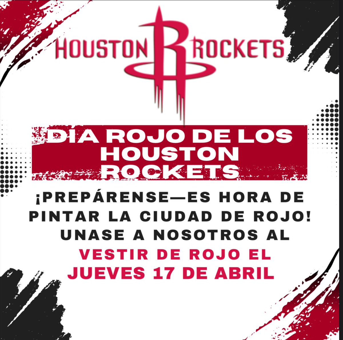 The Houston Rockets would like Houston to GO RED tomorrow, Thursday, April 17, 2025, to support  the Houston Rockets 🚀 going to the Playoffs 🏀! If you don’t have any Houston Rockets Gear, no worries. Just wear red! Let’s go, Rockets! 
#teammcmullan #1team1mission