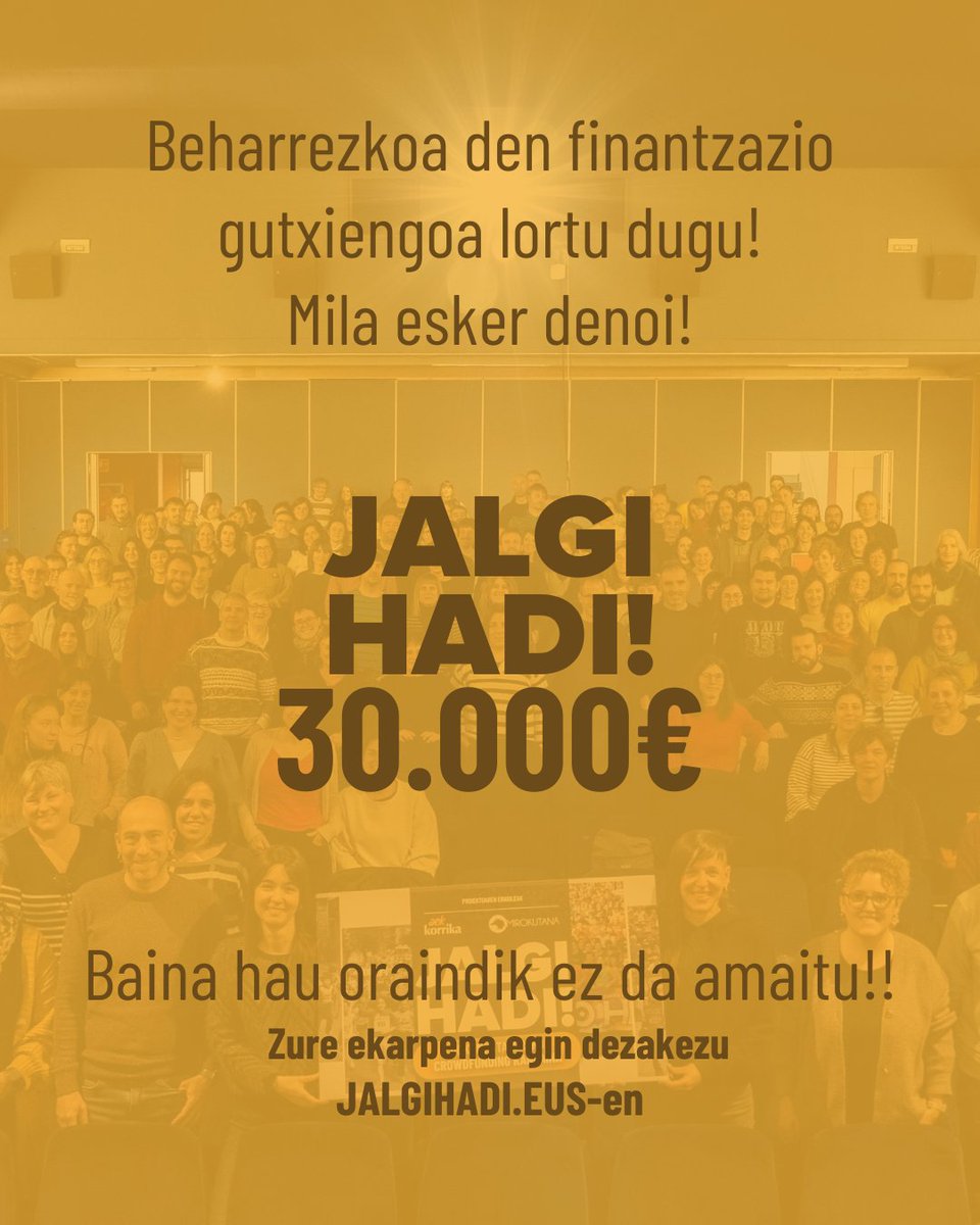 ❤️‍🔥 Beharrezkoa den finantzazio gutxiengoa lortu dugu!  

 🌱 Hala ere, gogoratu hau oraindik ez dela amaitu, zuen aletxoa jartzen jarraitu dezakezue. Segi zabaltzen eta sustatzen!  

Mila esker JALGI HADI! babesteagatik. Zuek egiten duzue guzti hau posible. 🙌🏻