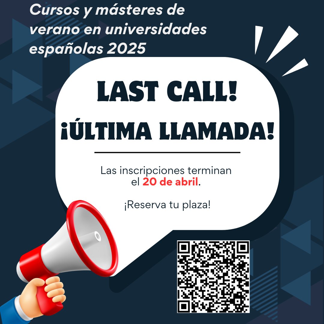¡Última oportunidad para inscribirse en los cursos y másteres de verano de 2025!
Plazo abierto hasta el 20 de abril.
¡Consigue tu plaza!

#StudyinSpainSummer #AcciónEducativaExterior #SpainEdOffice