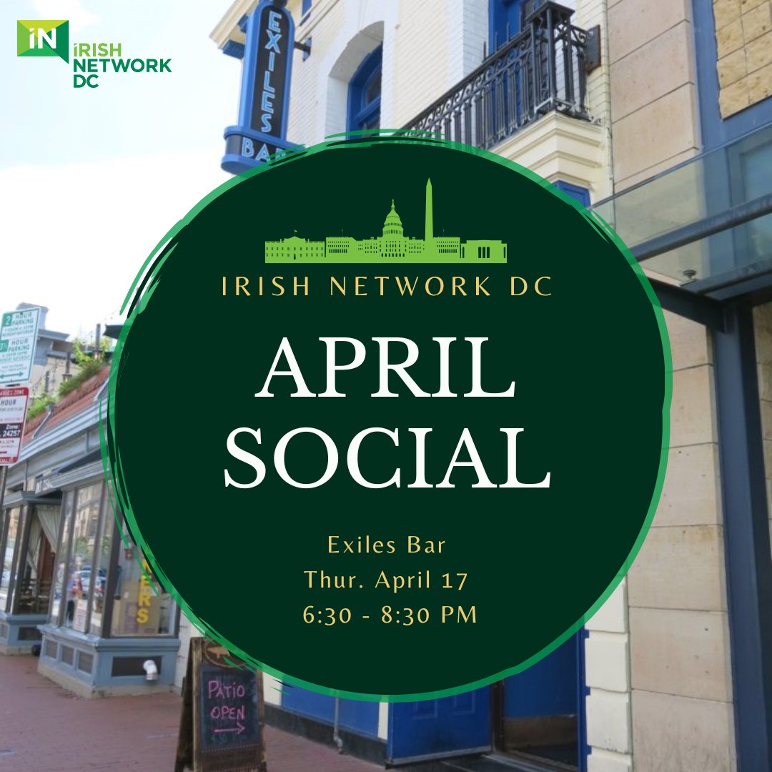 Irish Network DC (@irishnetworkdc) on Twitter photo Join us TOMORROW for another fun evening of networking, conversation, and good craic! All are welcome. ☘️
🗓️ April 17 | 🕔 6:30 - 8:30 PM |📍<a href="/ExilesBarDC/">Exiles Bar D.C.</a> Join us TOMORROW for another fun evening of networking, conversation, and good craic! All are welcome. ☘️
🗓️ April 17 | 🕔 6:30 - 8:30 PM |📍<a href="/ExilesBarDC/">Exiles Bar D.C.</a>