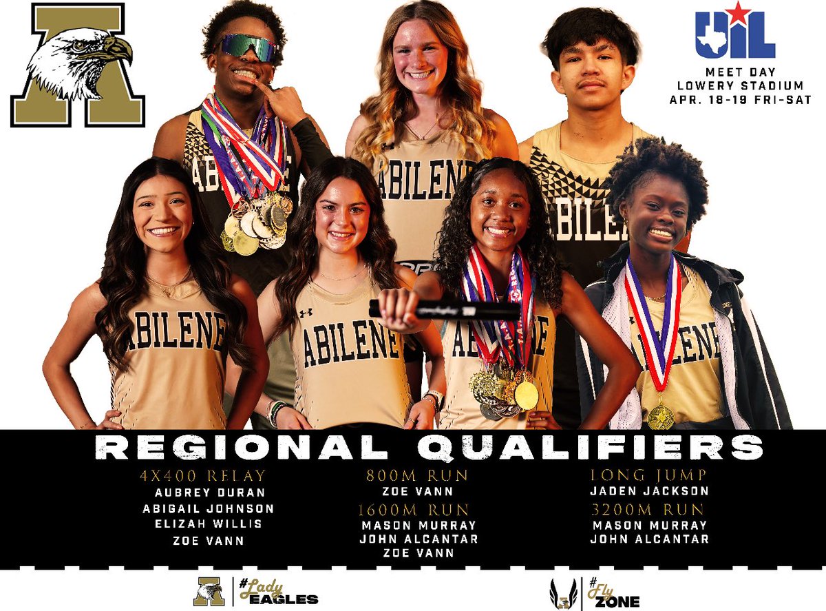 Good luck to our Abilene High Track &amp; Field Regional Qualifiers competing this Friday at Lowery Stadium in Lubbock! Bring home the gold, Eagles!