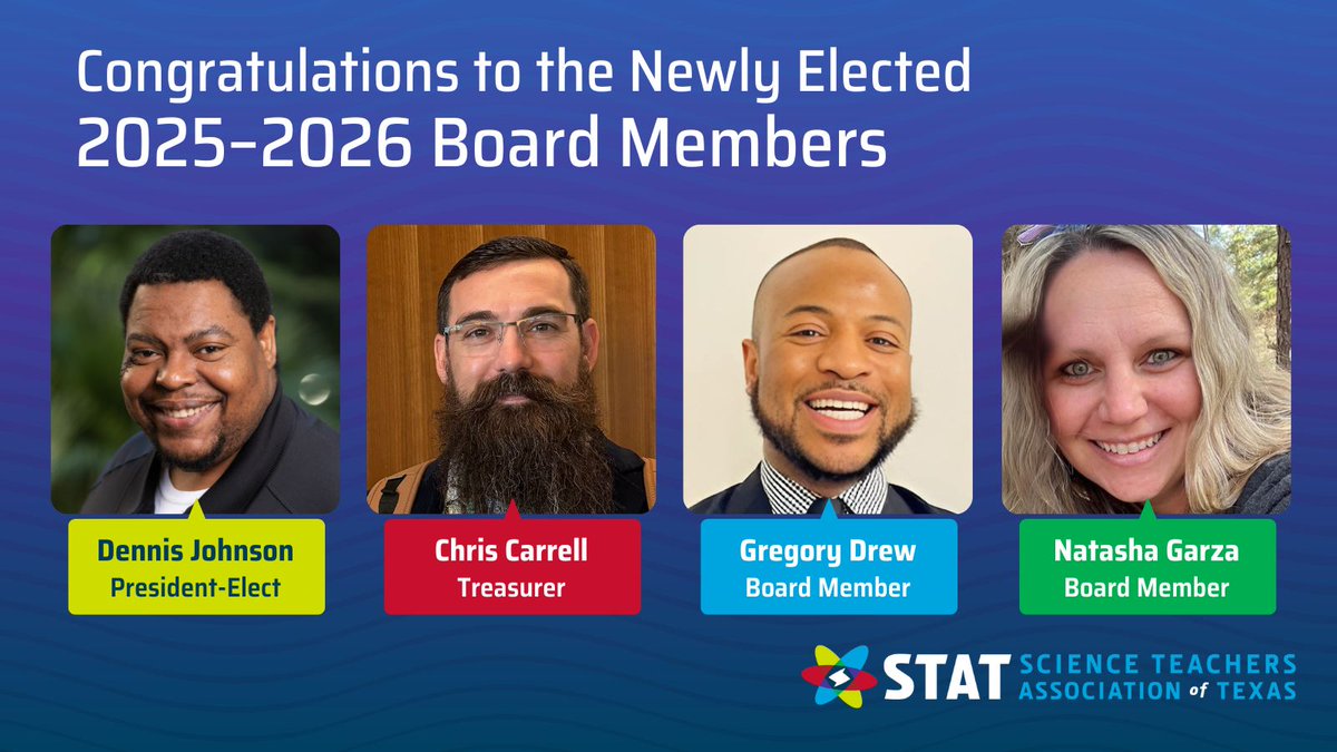 Congratulations to the newly elected 2025–2026 STAT Executive Board members—Dennis Johnson, Studies Weekly, Chris Carrell, Llano ISD, Gregory Drew, <a href="/SBISD/">Spring Branch ISD</a>, and Natasha Garza, <a href="/FranklinISD/">Franklin ISD</a>. Learn more about the election process here: buff.ly/agukbRO