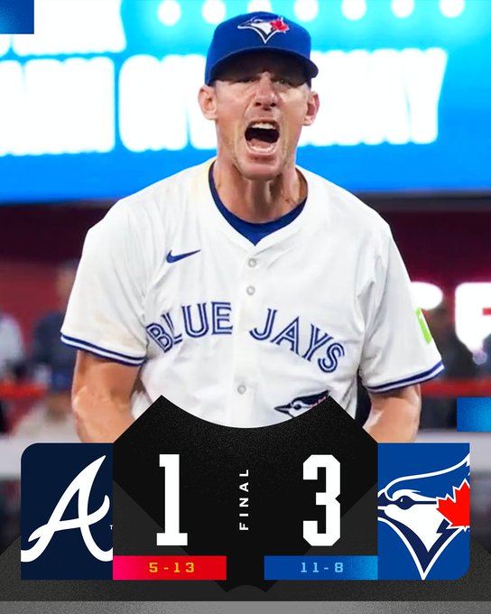 Final: Braves 1 (5-13), Blue Jays 3 (11-8)
Pictured: Chris Bassitt yells while walking off the mound. He is wearing a home white Blue Jays uniform.