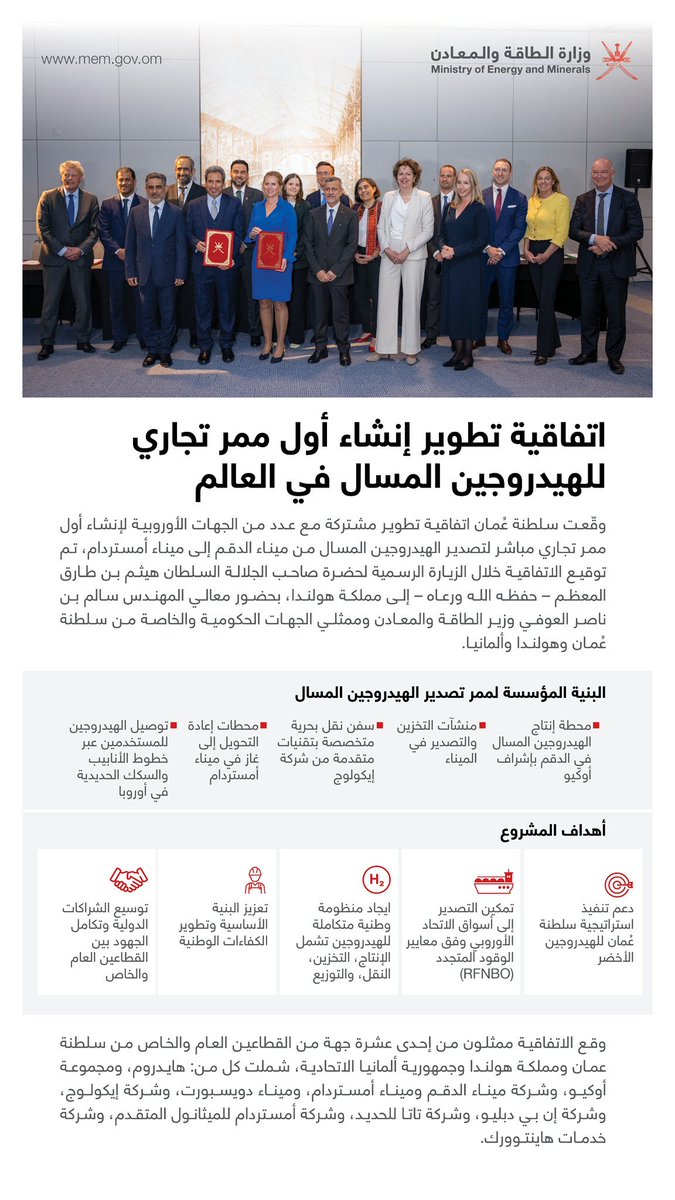 🔴وقّعت سلطنة عُمان اتفاقية تطوير مشتركة مع عدد من الجهات الأوروبية لإنشاء أول ممر تجاري مباشر لتصدير الهيدروجين المسال من ميناء الدقم إلى ميناء أمستردام.
إقرأ المرفق