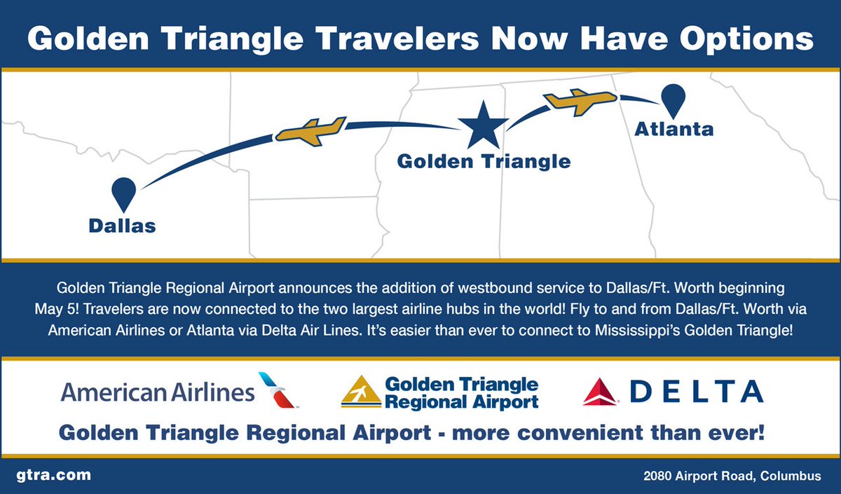 Golden Triangle Regional Airport will have a westbound flight to Dallas beginning May 5th. Book your flights today! #gtrairport #westboundflight #economicdevelopment