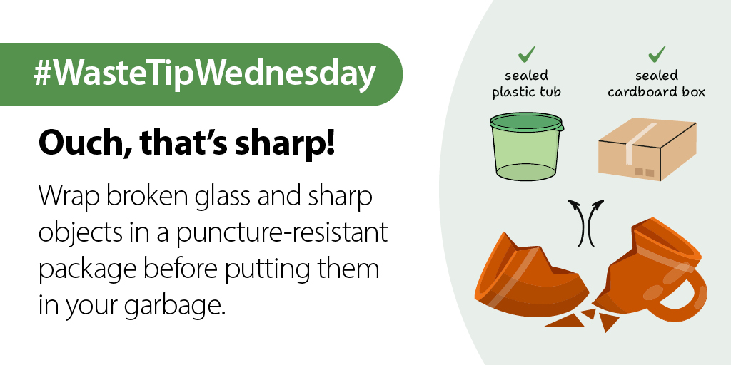 RegionofHalton's tweet photo. Safety first! When dealing with broken glass or sharp objects, make sure to wrap them in a puncture-resistant package, like a sealed cardboard box, before tossing them in the garbage. Let's keep our community accident-free!💚 More #WasteTips at https://t.co/VX1F5SrhNb. https://t.co/VxW7RjIjiw