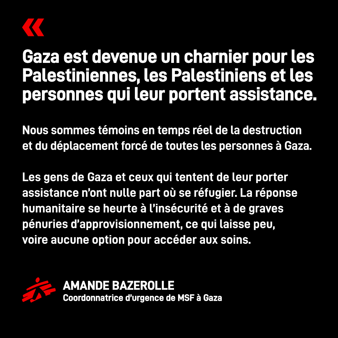 #Gaza est devenue un « charnier. » Depuis que les forces israéliennes ont repris leur offensive, la vie est devenue impossible à Gaza.

11 collègues de MSF ont perdu la vie depuis le début de la guerre, dont 2 au cours des deux dernières semaines.

Le siège de Gaza doit cesser.