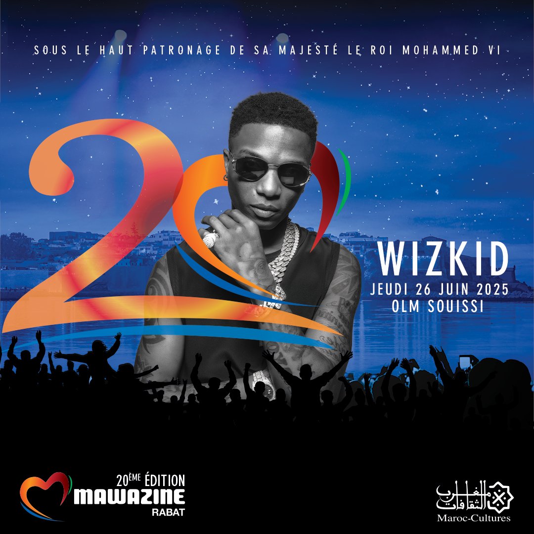 L'icône mondiale de l’afrobeats débarque à Rabat ! 🌍
<a href="/wizkidayo/">Wizkid</a> transformera l’OLM Souissi en dancefloor géant le 26 juin 2025 pour un show légendaire et des hits planétaires. 
Vous savez déjà que ça va être 🔥🔥🔥

#WizkidLive #Mawazine2025 #AfrobeatsLegend #MawazineRabat