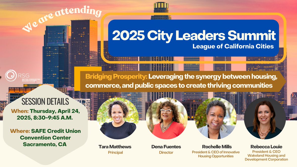 RSG will be speaking at the League of California Cities City Leaders Summit next week at the SAFE Credit Union Convention Center. 
 
When: Thursday, April 24, 2025 | 8:30–9:45 A.M.
Where: SAFE Credit Union Convention Center, Sacramento, CA