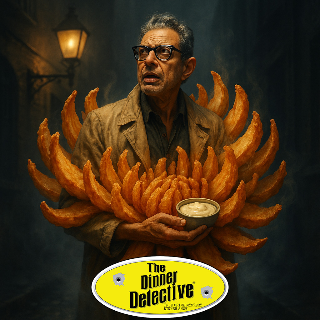 Crime finds a way… to be delicious.
Meet Jeff Goldblooming Onion: trench coat, appetizer, detective.
Solving crimes and cravings.
Just like our show—ridiculous fun.
loom.ly/Q56jygU

#thedinnerdetective #goldbloomingonion #jeffgoldbloom #aiart #murdermysterydinner #sora