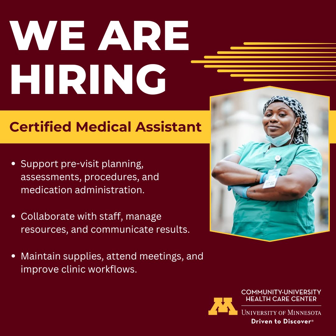 We are looking for a Certified Medical Assistant to join our team! Interested? Please share! hr.myu.umn.edu/jobs/ext/367691 

#NowHiring #MedicalJobs #HealthcareJobs #MinneapolisJobs  #JoinOurTeam #HealthcareCareers