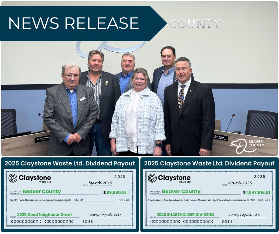 Claystone Waste attended the Beaver County Council Meeting today, to share the news that the County will be receiving $1,547,816.81 as the 2025 dividend payment and a further $89,980.51 for the County's portion of the Good Neighbour Grant.
👉More info: loom.ly/FCv4g6g