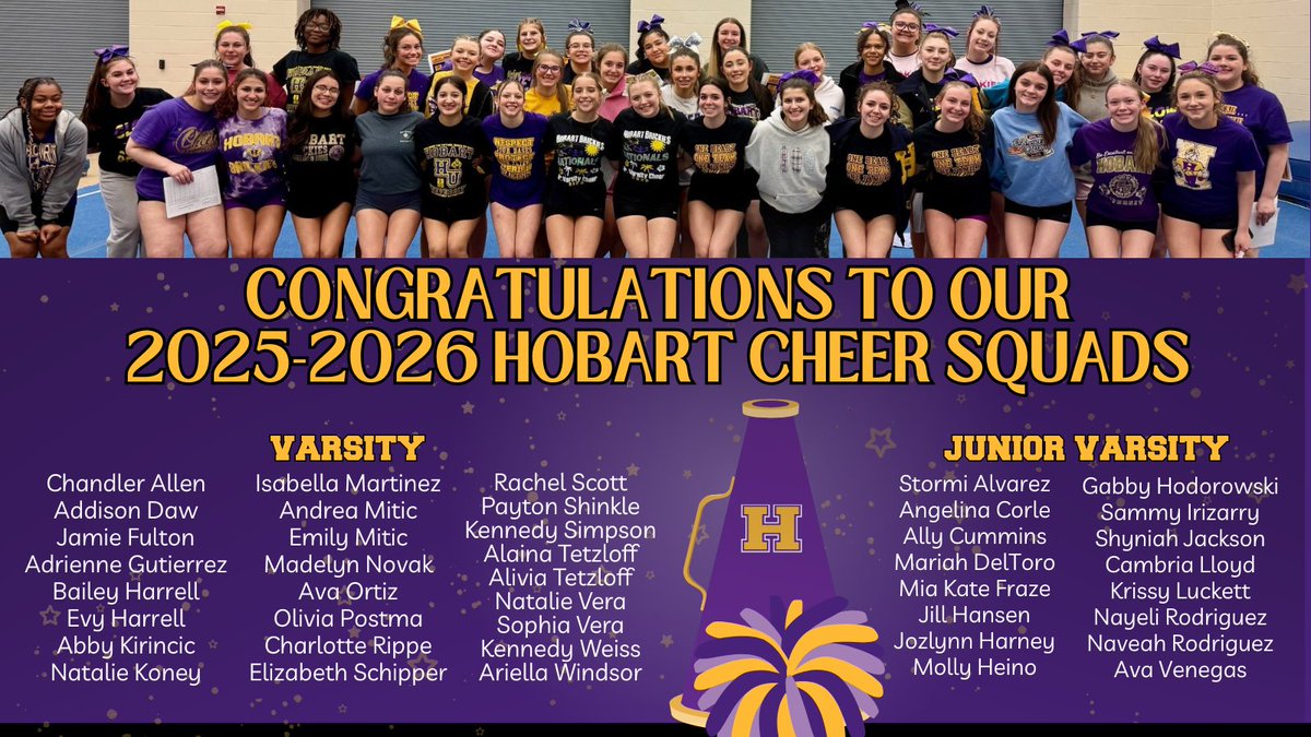 AthleticsHobart's tweet photo. Introducing our 2025-2026 Hobart High School Cheerleading Squads! #BEOP https://t.co/OMNvQhv1KW