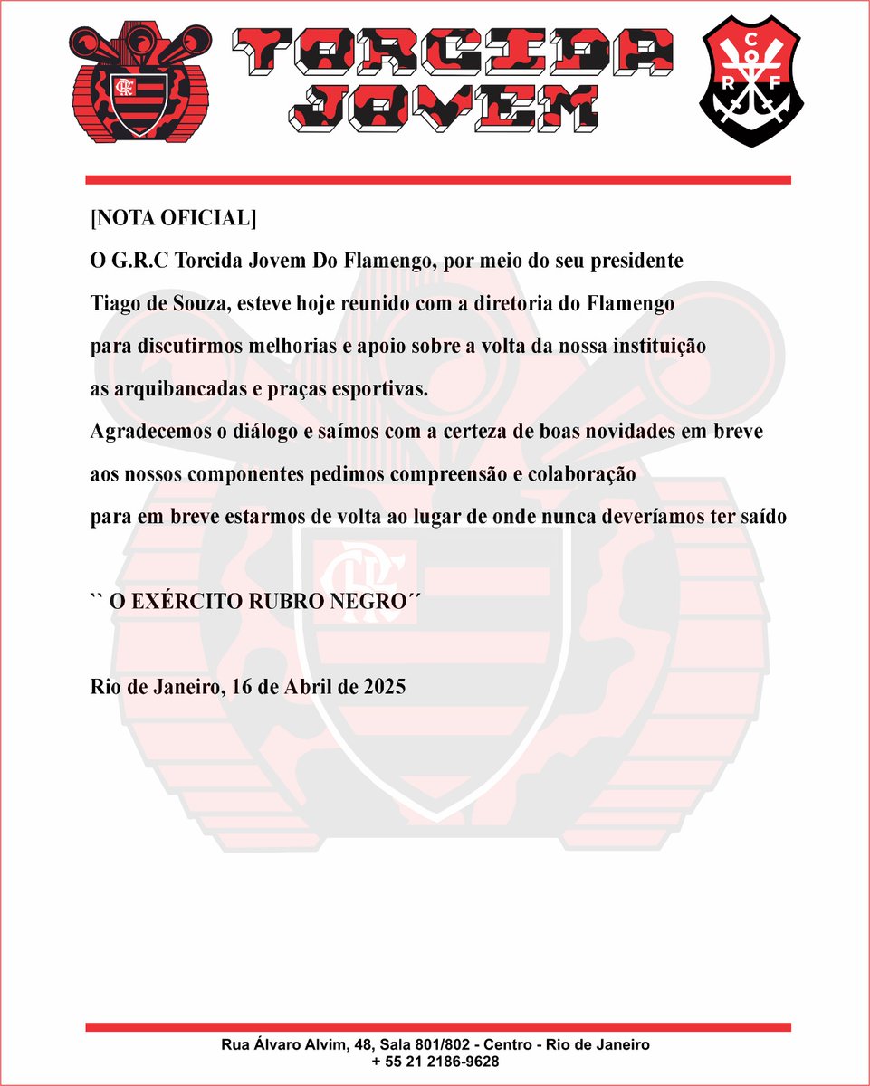 [Nota Oficial - Reunião]

O G.R.C Torcida Jovem Do Flamengo, por meio do seu presidente
Tiago de Souza, esteve hoje reunido com a diretoria do Flamengo
para discutirmos melhorias e apoio sobre a volta da nossa instituição
as arquibancadas e praças esportivas.
(+)