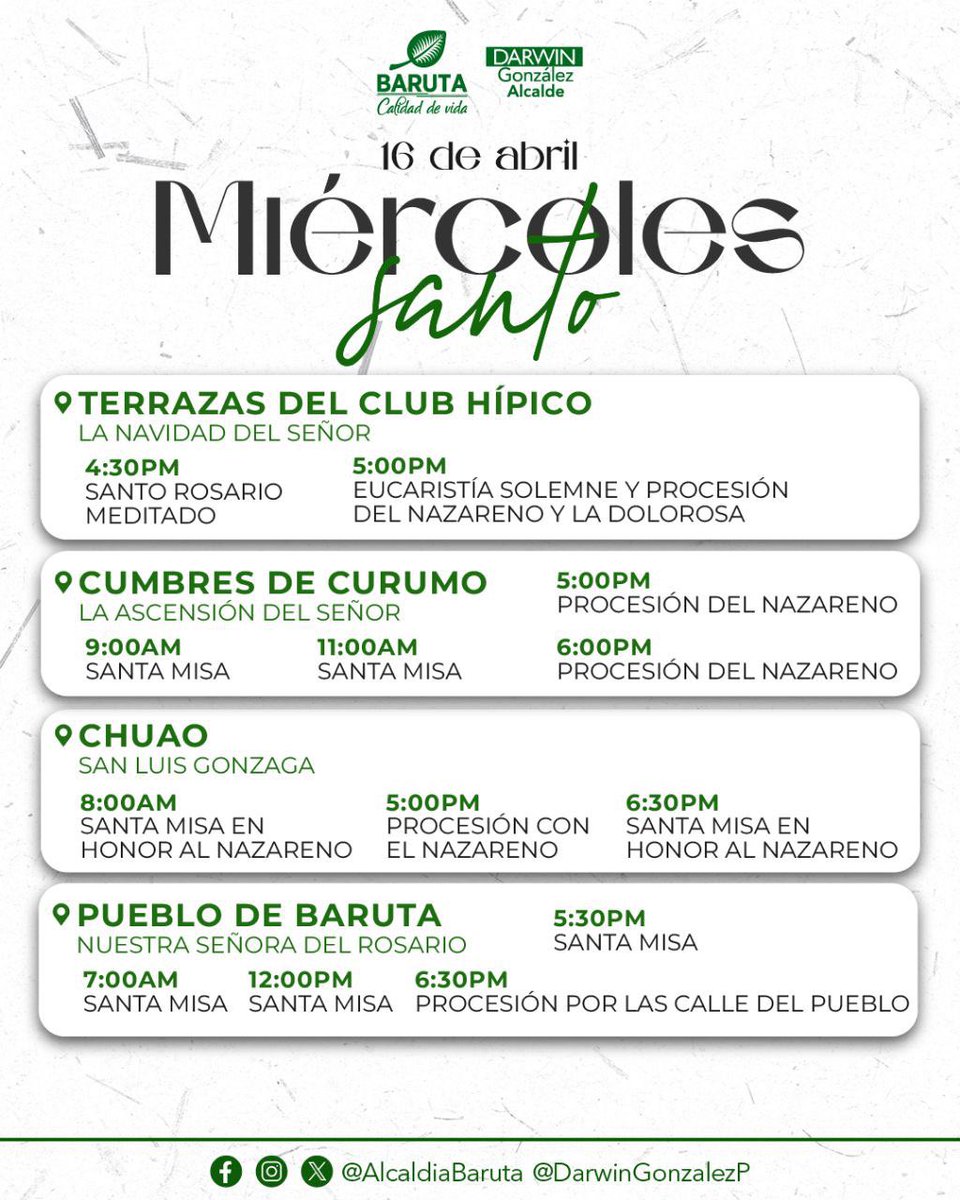 ¡Baruteños! 🍃

Desde la alcaldía de #Baruta junto al alcalde <a href="/darwingonzalezp/">Darwin González</a>, queremos recordarles el cronograma de actividades del Miércoles Santo en las parroquias de nuestro #municipio.