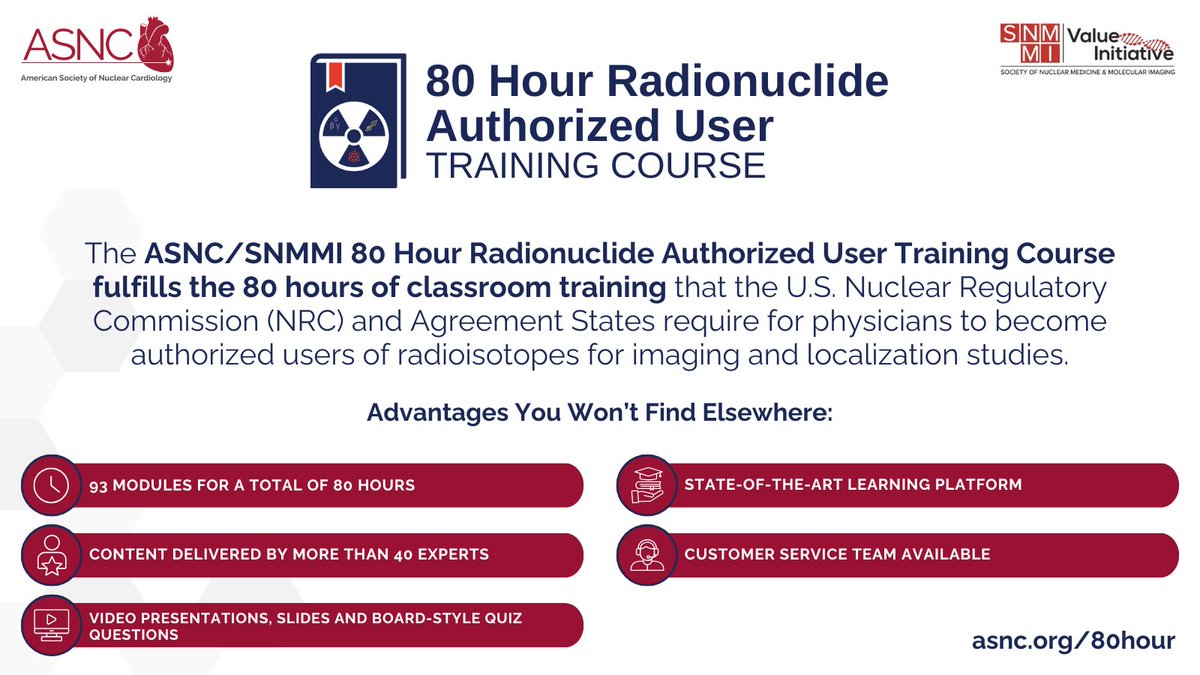 ASNC Society (@myasnc) on Twitter photo Looking to become an authorized user of radioisotopes?đź’‰ The ASNC/SNMMI 80 Hour Radionuclide Authorized User Training Course fulfills the 80 hrs of classroom training that the US Nuclear Regulatory Commission (NRC) and Agreement States require for physicians to become authorized Looking to become an authorized user of radioisotopes?đź’‰ The ASNC/SNMMI 80 Hour Radionuclide Authorized User Training Course fulfills the 80 hrs of classroom training that the US Nuclear Regulatory Commission (NRC) and Agreement States require for physicians to become authorized