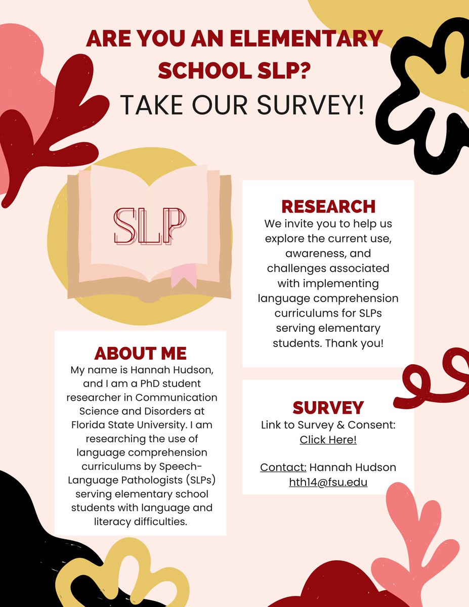 Calling all elementary school SLPs: Take our survey to help further research in the area of speech-language pathology and literacy! fsu.qualtrics.com/jfe/form/SV_6y…