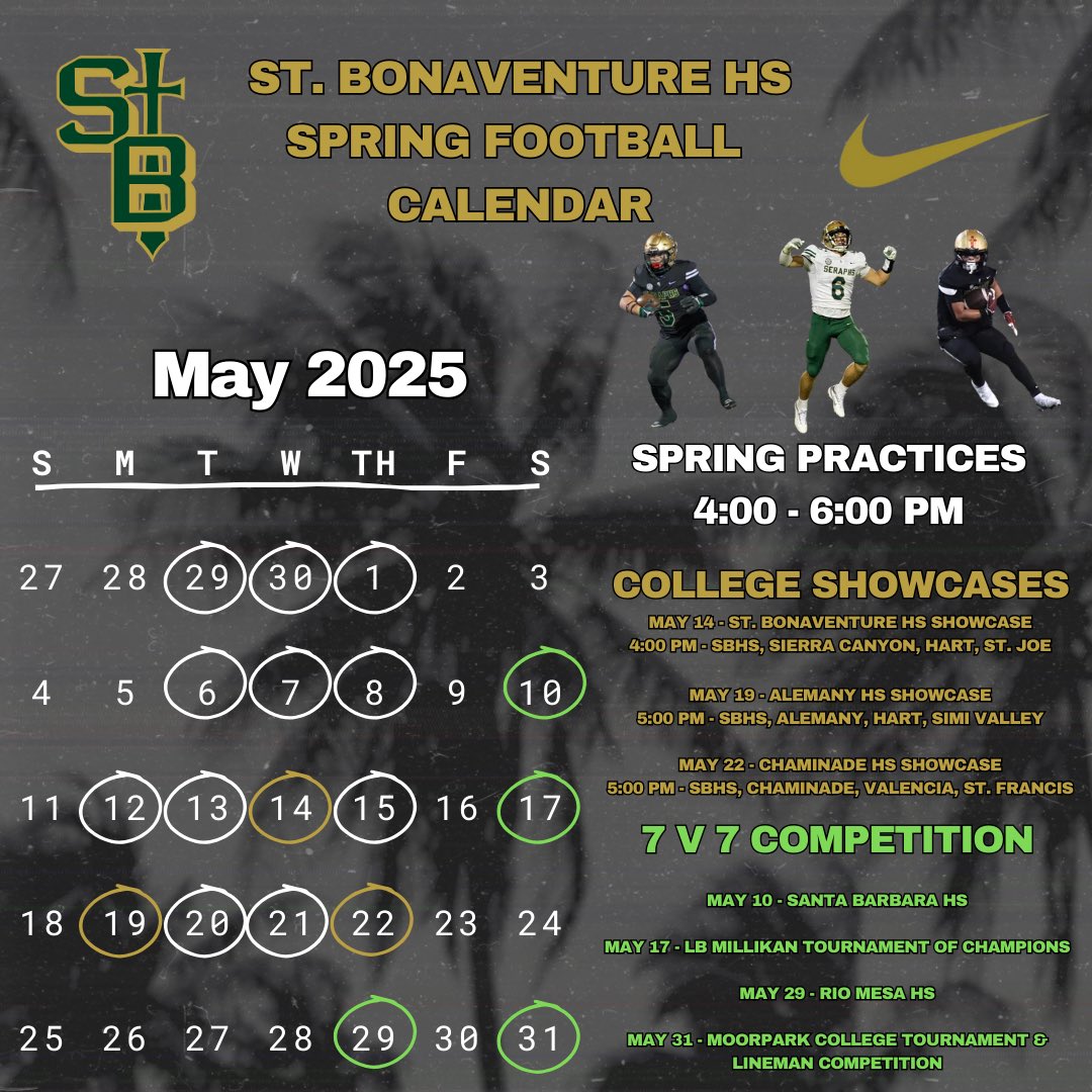 Joe Goyeneche (@joegoyeneche) on Twitter photo COLLEGE COACHES - 
Please take a look at the St. Bonaventure High School Spring Football Calendar.
We are excited for you to get the opportunity to meet & evaluate our student-athletes at our practices and College Showcases.
Please reach out for a lifting schedule or more info COLLEGE COACHES - 
Please take a look at the St. Bonaventure High School Spring Football Calendar.
We are excited for you to get the opportunity to meet & evaluate our student-athletes at our practices and College Showcases.
Please reach out for a lifting schedule or more info