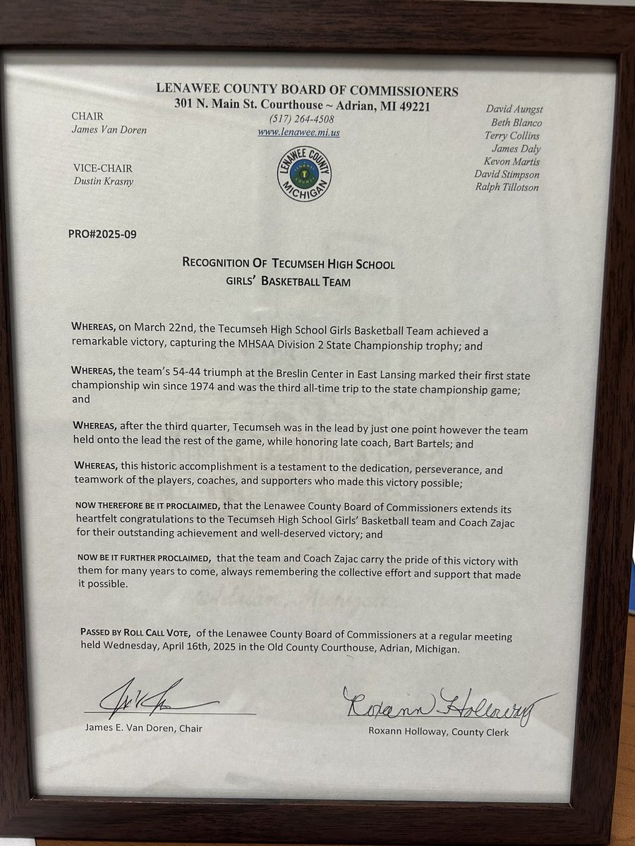 Tecumseh Girls Bball (@tecumsehgbball) on Twitter photo What a great honor to have our state championship team recognized with this proclamation at the Lenawee County Board of Commissioners meeting at the Courthouse today. <a href="/lenaweesports/">Telegram Sports</a> <a href="/TecAthletics/">Tecumseh Athletics</a> <a href="/TecumsehHerald/">Tecumseh Herald</a> <a href="/TecumsehFanClub/">Tecumseh Fan Club</a> <a href="/tecumsehschools/">Tecumseh Public Schools</a> What a great honor to have our state championship team recognized with this proclamation at the Lenawee County Board of Commissioners meeting at the Courthouse today. <a href="/lenaweesports/">Telegram Sports</a> <a href="/TecAthletics/">Tecumseh Athletics</a> <a href="/TecumsehHerald/">Tecumseh Herald</a> <a href="/TecumsehFanClub/">Tecumseh Fan Club</a> <a href="/tecumsehschools/">Tecumseh Public Schools</a>