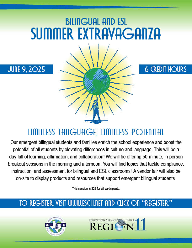 ESC11 English Learner Support (@esc11bil_esl) on Twitter photo Seats are filling up fast!! Are you registered for the 2025 Bilingual and ESL Summer Extravaganza conference? Reserve your spot today!
Register Here: registration.esc11.net/catalog/sessio…
<a href="/ESCRegion11/">ESC Region 11</a> Seats are filling up fast!! Are you registered for the 2025 Bilingual and ESL Summer Extravaganza conference? Reserve your spot today!
Register Here: registration.esc11.net/catalog/sessio…
<a href="/ESCRegion11/">ESC Region 11</a>