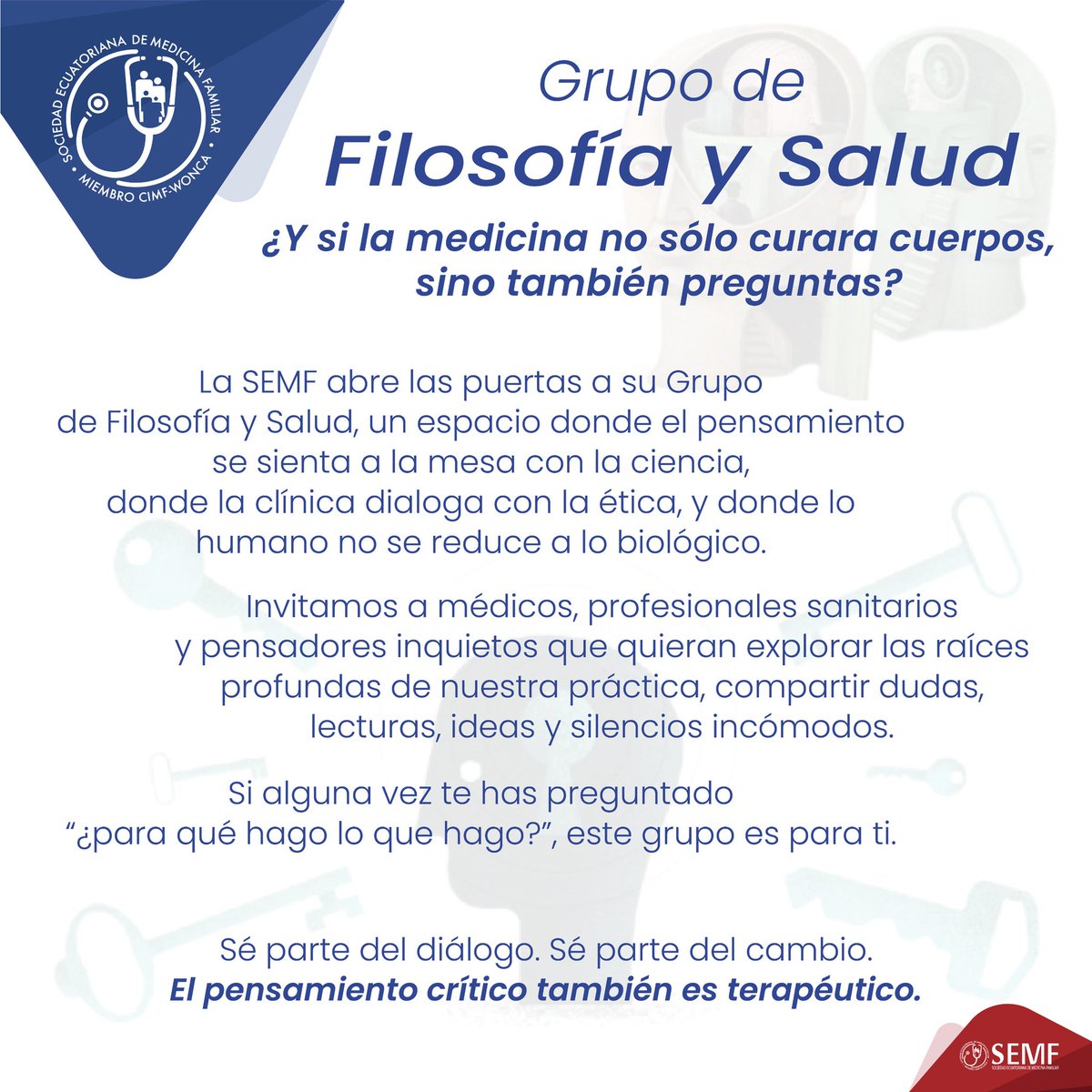 🧠✨ ¿Te apasiona pensar la medicina más allá de lo clínico?

*Únete al Grupo de Filosofía y Salud - SEMF* 🩺

Explora, cuestiona, comparte.
*¡Inscríbete ahora 🔍💬 y sé parte del cambio!*
Abierto a todo profesional de la salud con alma inquieta 👉 forms.gle/4ggBPWAeSZRS61…