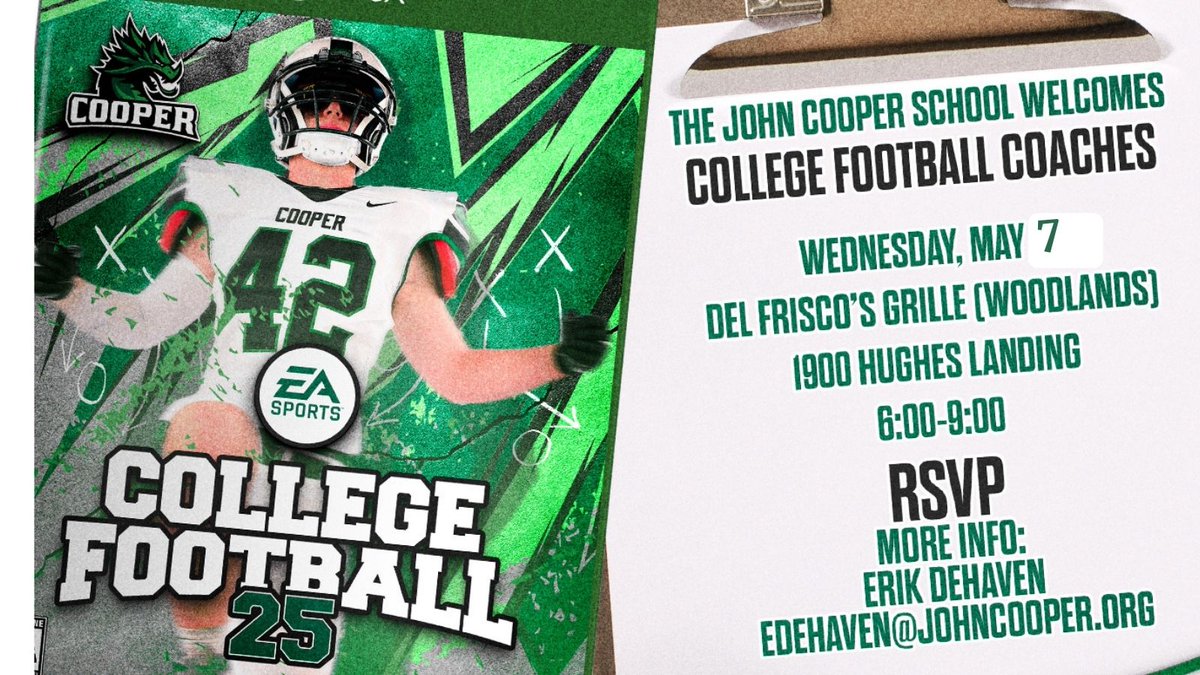 John Cooper Dragon Football (@jcs_football) on Twitter photo The John Cooper School welcomes college football coaches on Wednesday, May 7th at Del Frisco’s Grill — 1900 Hughes Landing, The Woodlands, TX!
Come connect, eat, and talk ballers.
📍RSVP: @coach_dehaven, edehaven@johncooper.org
#TXHSFB #CollegeFootball #Networking The John Cooper School welcomes college football coaches on Wednesday, May 7th at Del Frisco’s Grill — 1900 Hughes Landing, The Woodlands, TX!
Come connect, eat, and talk ballers.
📍RSVP: @coach_dehaven, edehaven@johncooper.org
#TXHSFB #CollegeFootball #Networking