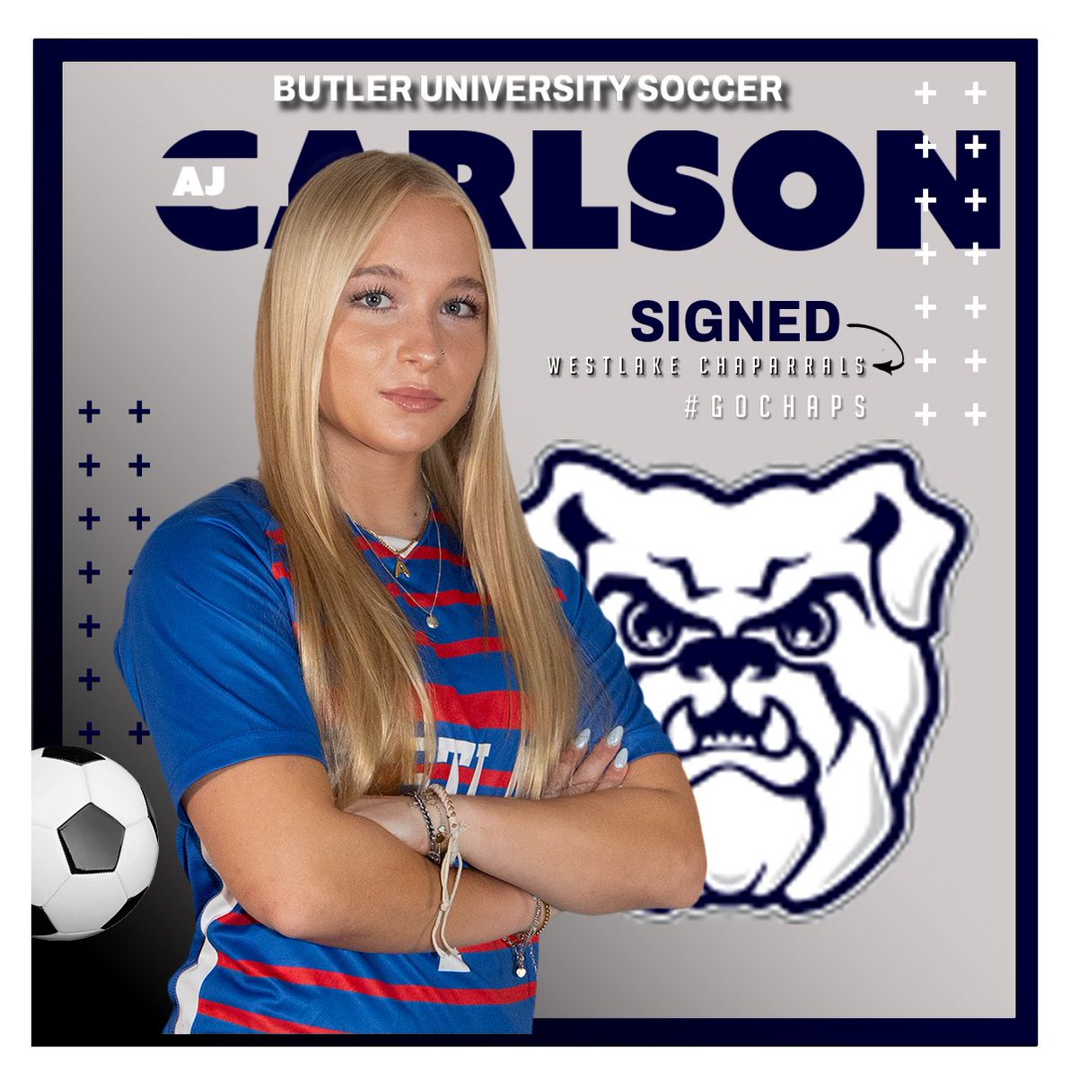 AJ Carlson is headed to Butler University to continue her academic and soccer career with the Bulldogs. Good luck, AJ. #GoDawgs #GoChaps