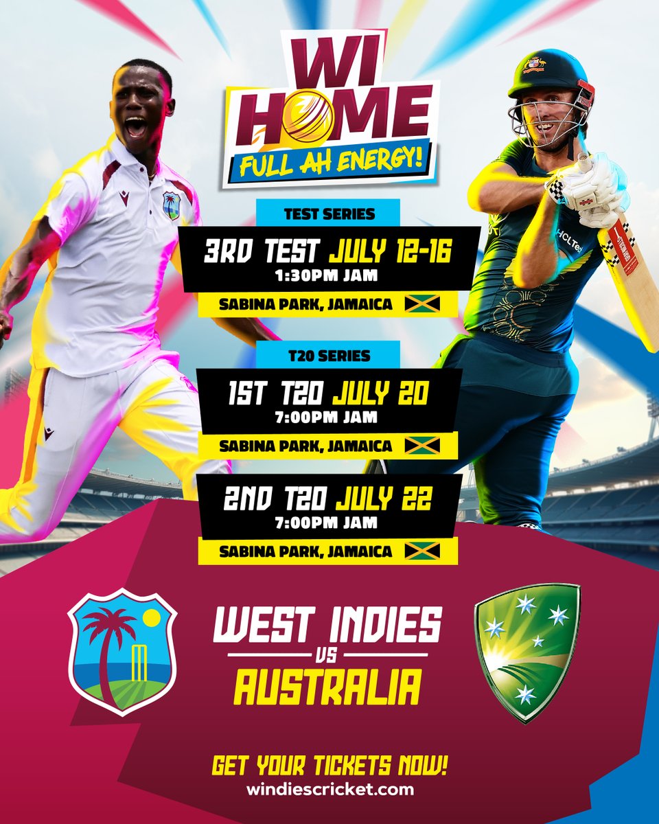 windiescricket's tweet photo. Jamaica 🇯��...WI DEY YA for Test and T20I Action!💥🏏
WI HOME & FULL AH ENERGY!!!⚡
Get Your Tickets Early!🔽
https://t.co/QdYJ7MFJ3N
*Children under 16 are FREE for the Test match and get 50% off for T20Is!
#WIHome #FullAhEnergy #WIvAUS https://t.co/DDSb4DbZtV