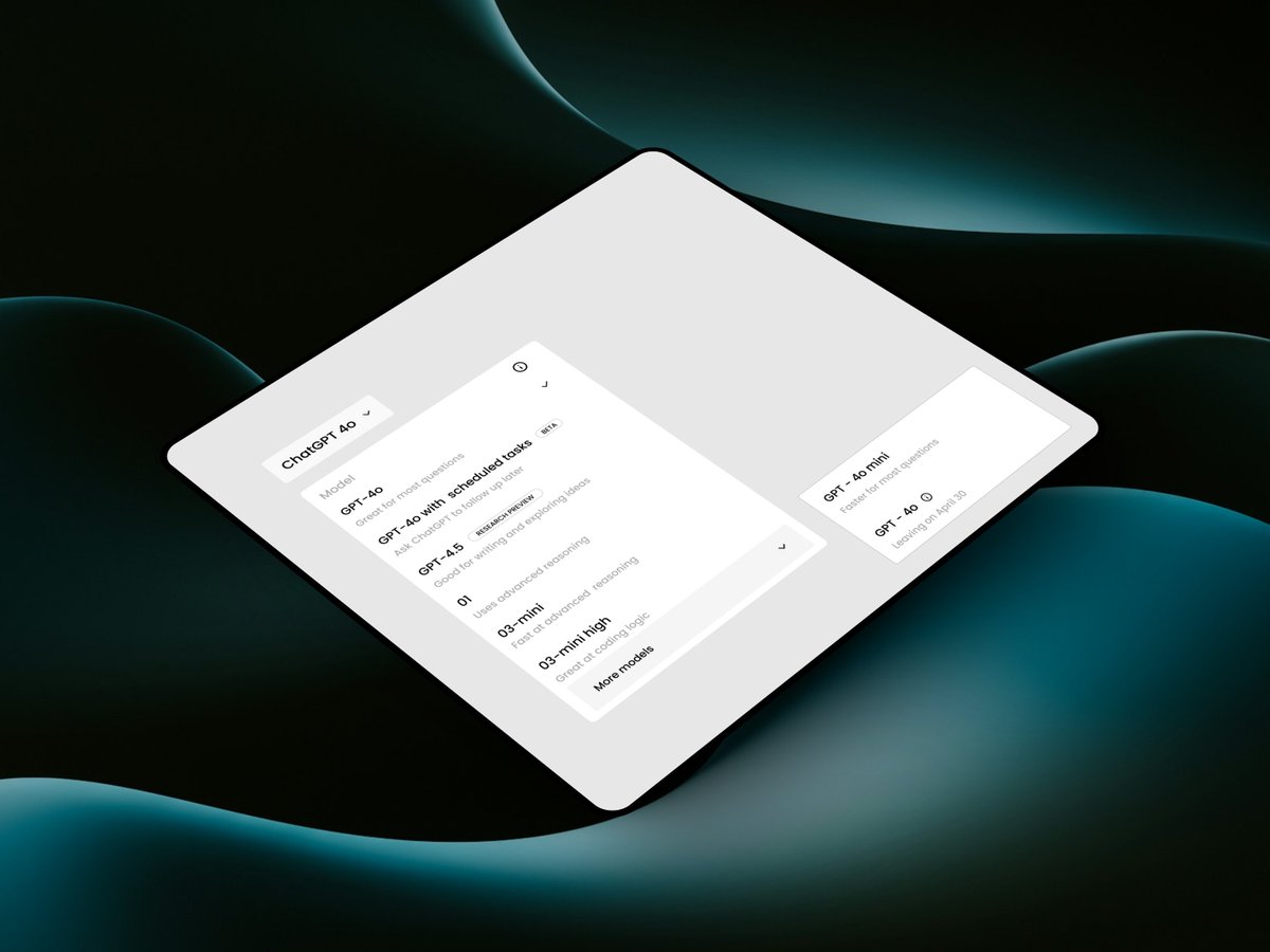 haajeth_'s tweet photo. Minimal UI, sleek depth.
This take on ChatGPT’s model selector reimagines clarity and fluidity in user flow.
✨ Floaty, clean, and functional.
#UI #UX #ChatGPT #UIDesign #Figma #DesignInspo #VisualDesign #3DUI https://t.co/1k86ERyPee