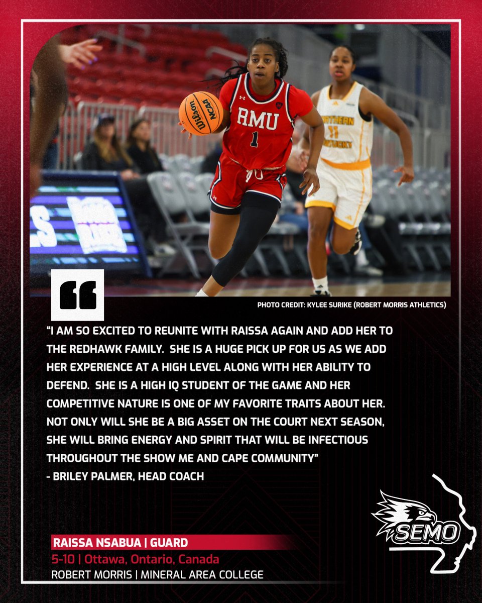 SEMO Women’s Basketball (@officialsemowbb) on Twitter photo Adding to the family 🤞 ⚔️ 
Raissa Nsabua joins the Redhawks' backcourt for the 2025-26 season by way of Ottawa, Ontario, Canada 🇨🇦 🏀 
Raissa spent last season at Robert Morris and previously played for Coach Palmer at Mineral Area College‼️
#FeelinRowdy x #SwordsUp Adding to the family 🤞 ⚔️ 
Raissa Nsabua joins the Redhawks' backcourt for the 2025-26 season by way of Ottawa, Ontario, Canada 🇨🇦 🏀 
Raissa spent last season at Robert Morris and previously played for Coach Palmer at Mineral Area College‼️
#FeelinRowdy x #SwordsUp