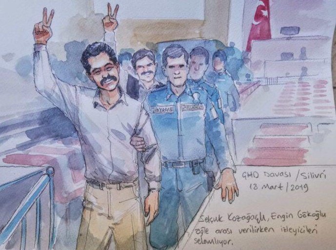 2019'da tutuklu yargılandığı Silivri'de salonda böyle resmetmiştim. Selçuk Kozağaçlı bugün tahliye edildi ve aynı haklı ve kararlı gözlerle "mücadele edeceğiz" diye çıktı. Öncelikle ona ve sevdiklerine geçmiş olsun.
 #selçukkozağaçlı
