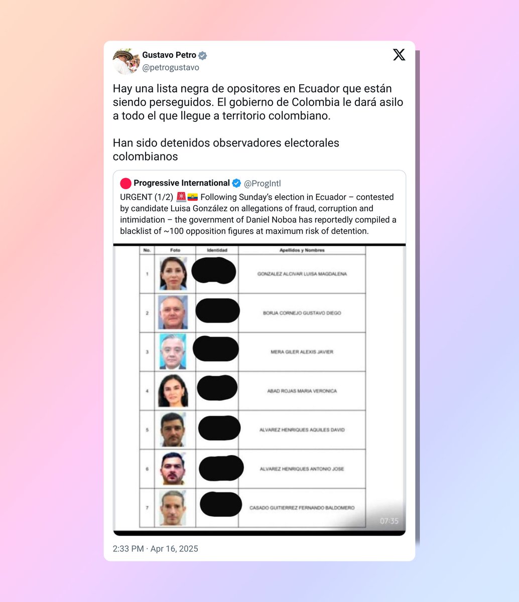 UHN_Plus's tweet photo. 🇨🇴🇪🇨 | Gustavo Petro y Rafael Correa arman escándalo con una fake news para atacar a Ecuador. El presidente colombiano denunció una supuesta “lista negra” de opositores perseguidos por el gobierno de Noboa y ofreció asilo… ¡basado en una cadena de WhatsApp ya desmentida! https://t.co/hUwOoiZRs7