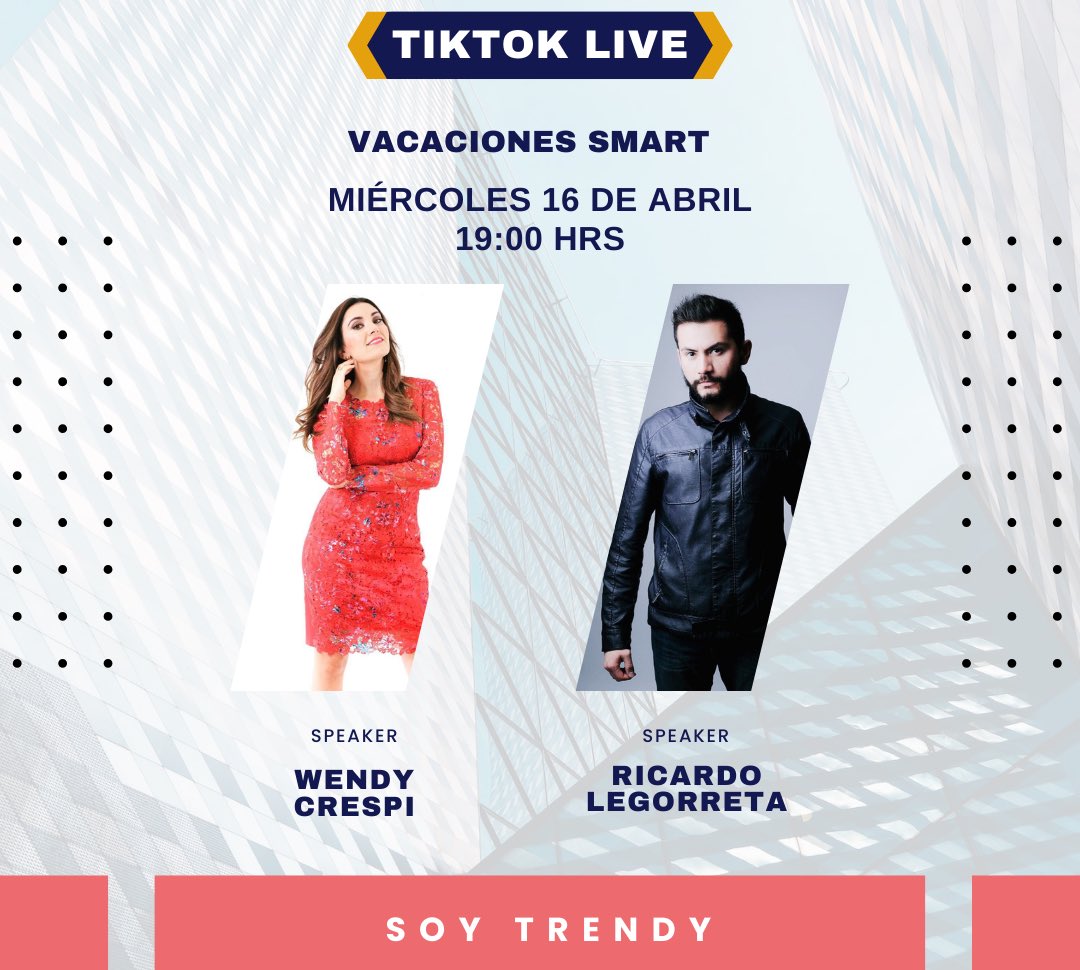Recuerda que te esperamos hoy en TikTok Live a las 19:00 hrs. <a href="/WendyCr/">Wendy Crespi</a> y <a href="/ricalegorreta/">Ricardo Legorreta</a> te compartirán los mejores consejos para tener unas vacaciones smart y organizar tu equipaje con las mejores tendencias.
tiktok.com/@soytrendystyle