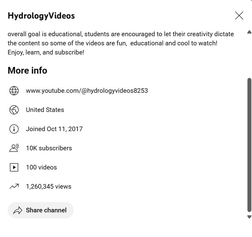 vmmerwade's tweet image. Today we celebrated No. 10 in my CE 44200 - Hydrology Class. Number 10 represents a critical milestone my HydrologyVideos YouTube channel has crossed. It now has more than 10K subscribers, 100 videos and 1 million views! So exciting!!