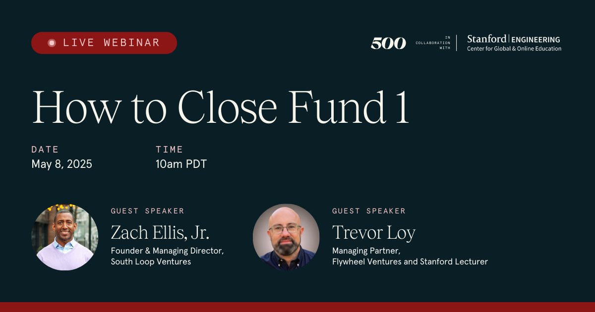 VC Unlocked (@vcunlocked) on Twitter photo Join us May 8 for How to Close Fund 1 — a conversation with Zach Ellis Jr. (GP, South Loop Ventures & VC Unlocked alum) and Trevor Loy (Stanford Lecturer) on what it really takes to raise your first VC fund.
🔗: bit.ly/4ih5KR6
<a href="/500GlobalVC/">500 Global</a> <a href="/zellisjr/">Zach Ellis, Jr.</a> <a href="/trevorloy/">Trevor Loy</a> Join us May 8 for How to Close Fund 1 — a conversation with Zach Ellis Jr. (GP, South Loop Ventures & VC Unlocked alum) and Trevor Loy (Stanford Lecturer) on what it really takes to raise your first VC fund.
🔗: bit.ly/4ih5KR6
<a href="/500GlobalVC/">500 Global</a> <a href="/zellisjr/">Zach Ellis, Jr.</a> <a href="/trevorloy/">Trevor Loy</a>