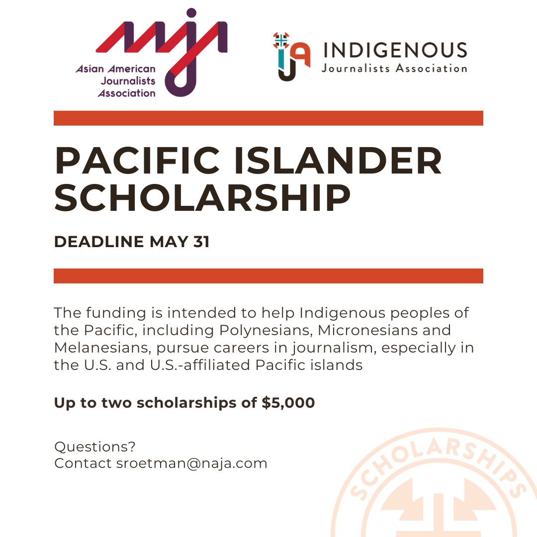 Indigenous Journalists Association (@indigenousja) on Twitter photo 🎓 Applications Now Open: Pacific Islander Journalism Scholarship!
<a href="/IndigenousJA/">Indigenous Journalists Association</a> & <a href="/aaja/">Asian American Journalists Association est. 1981</a> are now accepting applications for the 2025 Pacific Islander Journalism Scholarship!
📅 Deadline: May 31
💰 Award: Up to two $5,000 scholarships
Apply now - tinyurl.com/25k4x2c2 🎓 Applications Now Open: Pacific Islander Journalism Scholarship!
<a href="/IndigenousJA/">Indigenous Journalists Association</a> & <a href="/aaja/">Asian American Journalists Association est. 1981</a> are now accepting applications for the 2025 Pacific Islander Journalism Scholarship!
📅 Deadline: May 31
💰 Award: Up to two $5,000 scholarships
Apply now - tinyurl.com/25k4x2c2