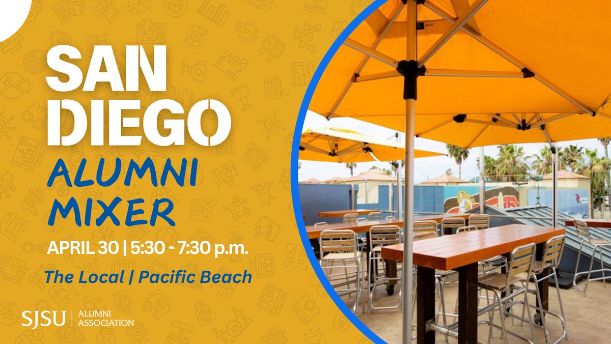 📅 April 30th | 5:30 - 7:30 p.m.
📍 The Local - Pacific Beach, San Diego
RSVP 🎟️ ow.ly/sPZV50VBXpH
 
Connect with fellow Spartans in the San Diego area over food and drinks! The mixer will be hosted by SJSU President Teniente-Matson 💙💛