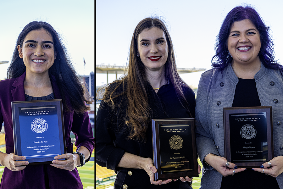 3 School of Ed grad students were honored by Baylor Graduate School. L-R:
-Beatrice Ruiz, PhD student, Ed Psych: Research Award
-Liz Harrelson Magill, PhD student, C&amp;I: Teaching Award 
-Maggie Bryant, PhD student, C&amp;I: Teaching Award
READ MORE: bit.ly/SOEgradhonors