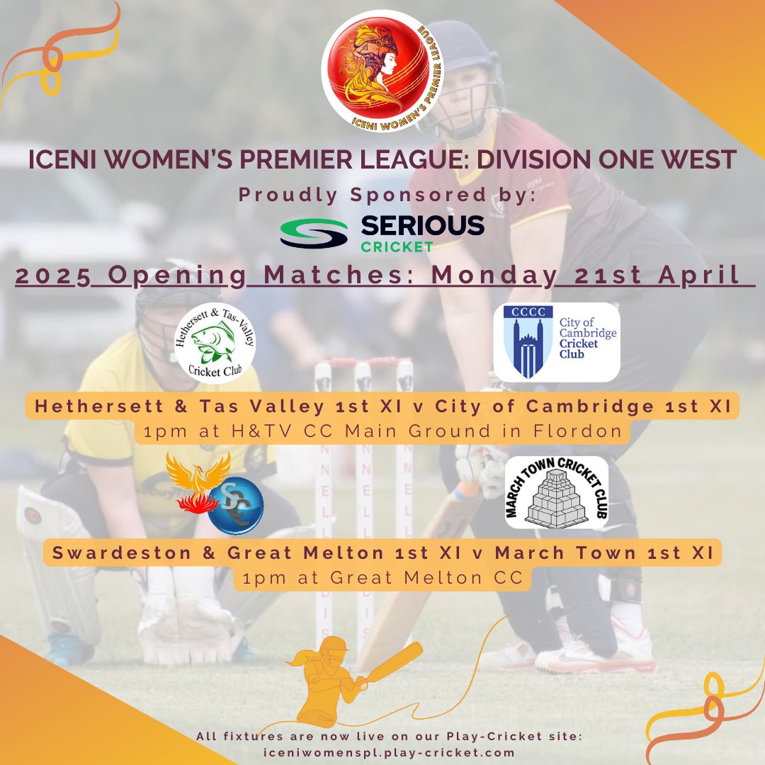 Iceni Women's Premier Cricket League (@iceniwpl) on Twitter photo 🏏Iceni WPL: Division 1 West🏏
The opening matches for div1 are on Bank Hol Mon, starting at 1pm!
📍<a href="/htvcc/">Hethersett and Tas Valley Cricket Club</a> v <a href="/CambCityCricket/">The City of Cambridge Cricket Club</a> at Flordon
📍Swardeston & Gt Melton Ladies v <a href="/marchtowncc/">March Town CC</a> at <a href="/GreatMeltonCC/">GreatMeltonCC</a>
📣Sponsor: <a href="/SeriousCricket/">Serious Cricket</a>
📸Photo Credit: Kerry at KML Amateur Photography 🏏Iceni WPL: Division 1 West🏏
The opening matches for div1 are on Bank Hol Mon, starting at 1pm!
📍<a href="/htvcc/">Hethersett and Tas Valley Cricket Club</a> v <a href="/CambCityCricket/">The City of Cambridge Cricket Club</a> at Flordon
📍Swardeston & Gt Melton Ladies v <a href="/marchtowncc/">March Town CC</a> at <a href="/GreatMeltonCC/">GreatMeltonCC</a>
📣Sponsor: <a href="/SeriousCricket/">Serious Cricket</a>
📸Photo Credit: Kerry at KML Amateur Photography