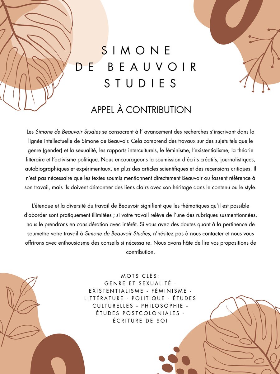 🌟APPEL À CONTRIBUTIONS 🌟

SdBS accueille en tout temps la soumission d’articles portant sur l’œuvre et la pensée de Simone de Beauvoir, mais également sur des enjeux touchant à ses préoccupations.

Pour toute question, consultez notre site web : brill.com/view/journals/…