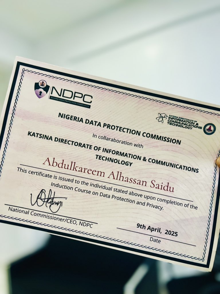 Abdulkareem Muftiey (@muftieyy) on Twitter photo Proudly completed the Nigeria Data Protection Commission <a href="/ndpcngr/">NDPC Nigeria</a> Data Protection and Privacy certification✅, enhancing my expertise in data privacy and security. A valuable addition to the CV #dataprotection #DataPrivacy #ProfessionalGrowth #personalgrowth Proudly completed the Nigeria Data Protection Commission <a href="/ndpcngr/">NDPC Nigeria</a> Data Protection and Privacy certification✅, enhancing my expertise in data privacy and security. A valuable addition to the CV #dataprotection #DataPrivacy #ProfessionalGrowth #personalgrowth