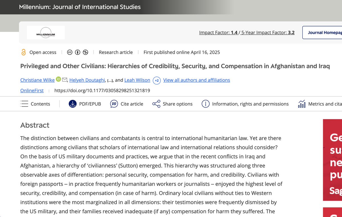 Our article “Privileged and Other Civilians” is out  <a href="/millennjournal/">Millennium Journal</a>, co-authored w/<a href="/jaanewilke/">Christiane Wilke</a>, Hijaab, Leah &amp; Basir. Drawing on Iraq &amp; Afghanistan, we argue  when civilians r harmed by US forces, their proximity to Western institutions shapes their credibility &amp; compensation.1/