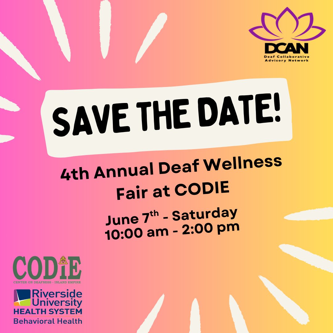 CODIEdeaf's tweet image. Mark your calendars! 🗓️ Join us for the 4th Annual Deaf Wellness hosted by the Deaf Collaborative Advisory Network on June 7, 2025, at 10 AM at CODIE. Stay tuned for more details!  #DeafWellness #SaveTheDate #CODIE