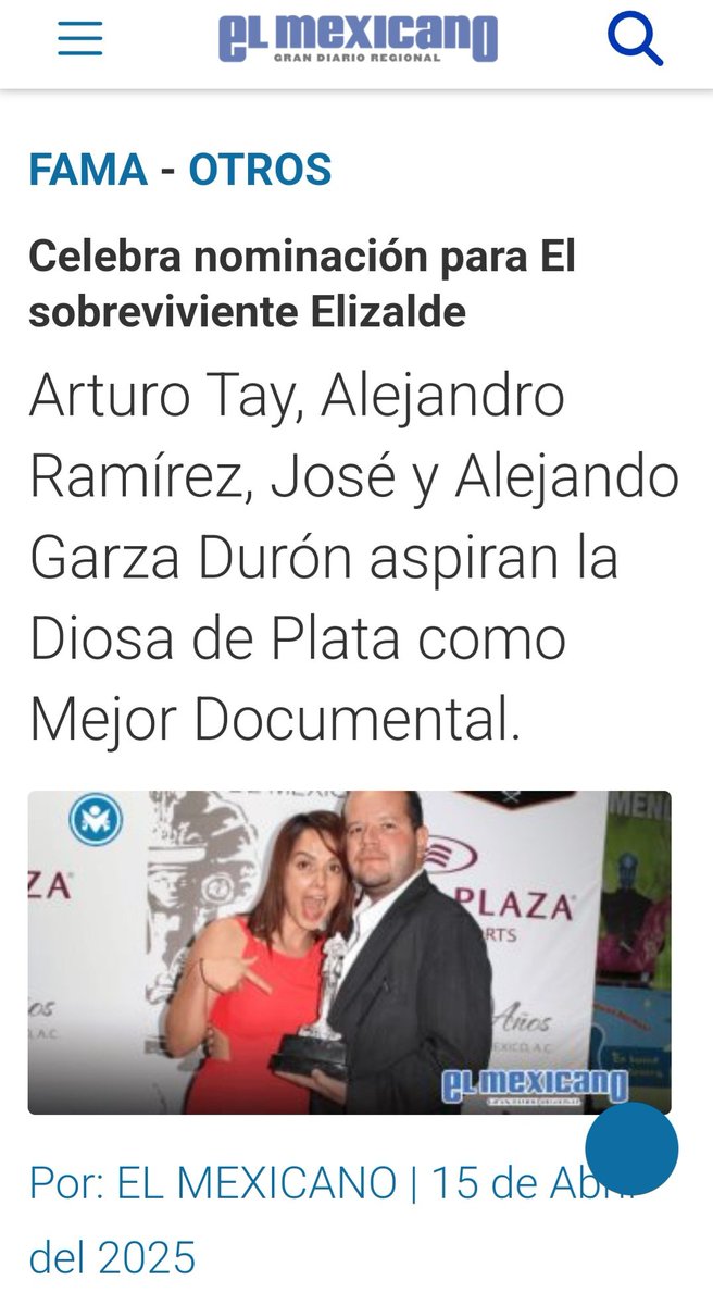 Muy emocionados y muy agradecidos por que nuestra película El Sobreviviente Elizalde esta nominado a Mejor Documental en las Diosas de Plata <a href="/PecimeAC/">PECIME</a> 

<a href="/Foro21/">Foro21.mx</a> <a href="/ElMexicanOnline/">El Mexicano</a> 
<a href="/markinlopez/">Markin López</a> <a href="/Carlo_Guerra/">Carlo Guerra</a> <a href="/mariozaragoza/">mario zaragoza</a> <a href="/TRUJILLO_BETO/">ALBERTOTRUJILLO</a> <a href="/elalexramirez/">Alejandro Ramirez</a> <a href="/Arpamusic/">ARPAMUSIC</a> <a href="/El_Universal_Mx/">El Universal</a>
