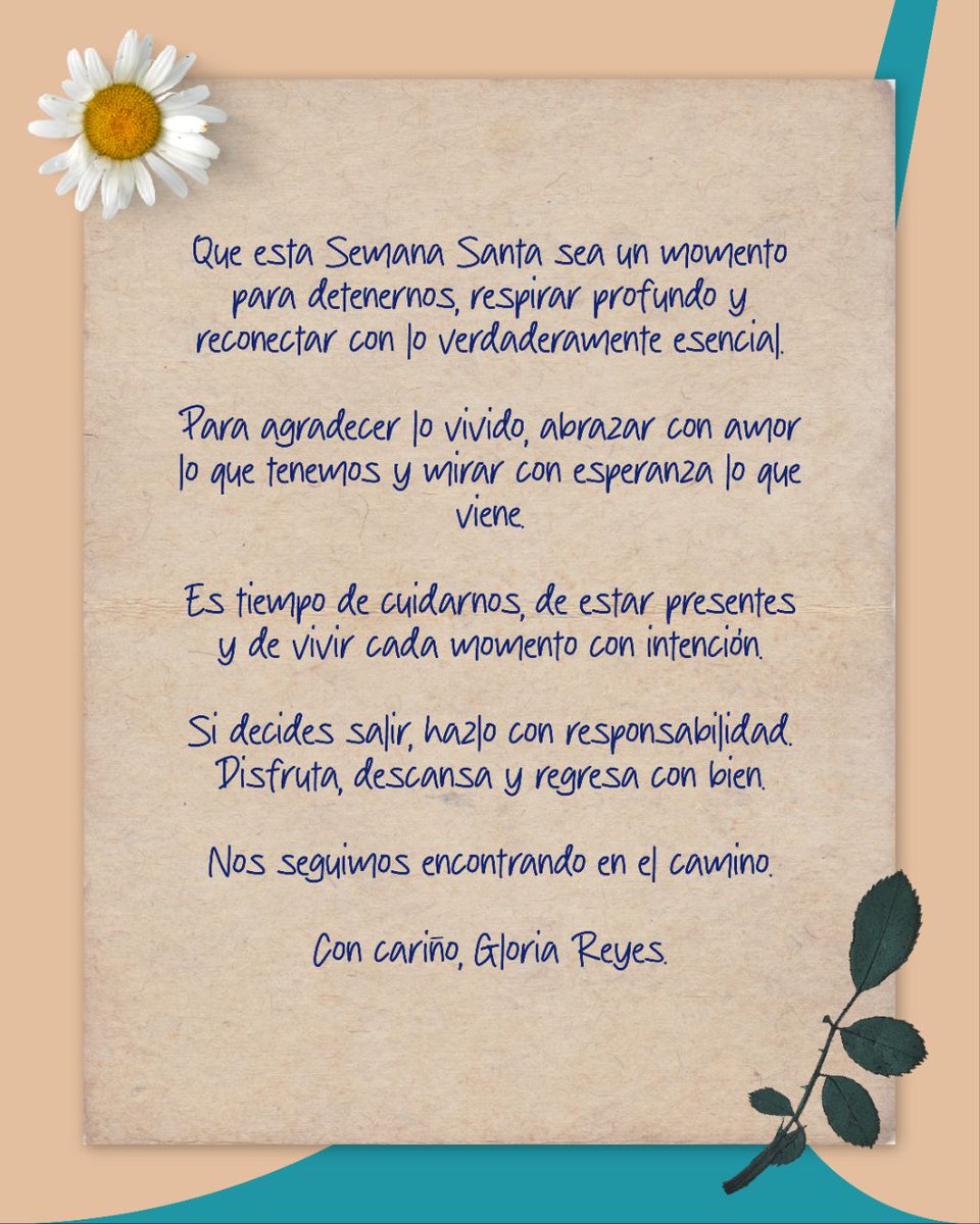 GloriaReyesG's tweet photo. En esta Semana Santa, hagamos una pausa.
Agradezcamos, cuidémonos y disfrutemos con intención.
Si sales, hazlo con cuidado.
Nos seguimos encontrando en el camino.

Con cariño,
Gloria

#SemanaSanta #GR https://t.co/5Oxt4Qdho1