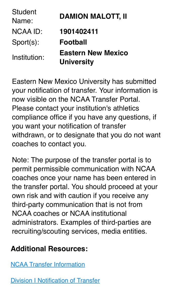 Dame (@jerkboi1000) on Twitter photo Officially in the portal as a grad transfer!
Due to the new JuCo rule i have 1 year of D1 eligibility remaining. Officially in the portal as a grad transfer!
Due to the new JuCo rule i have 1 year of D1 eligibility remaining.
